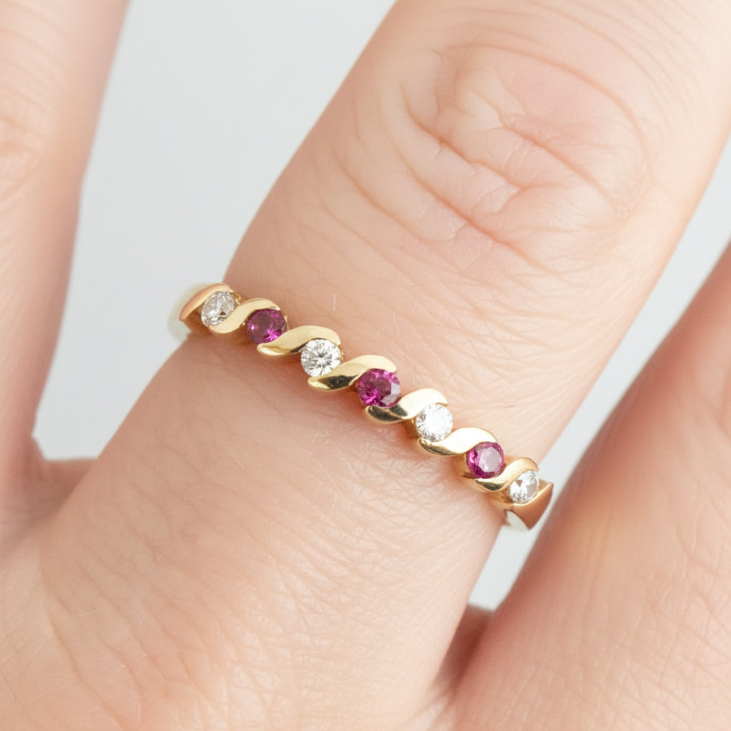 9ct Yellow Gold 7 Stone Alternating Round Ruby and Diamond Half Hoop Crossover Set Ring