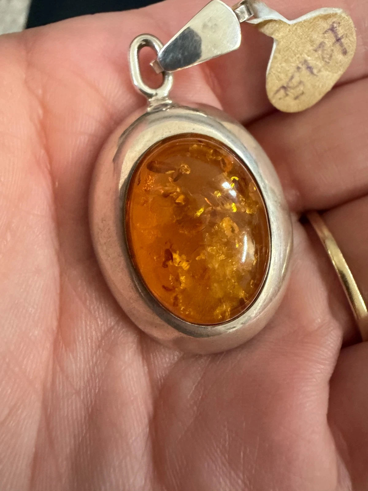 Chunky Silver Domed Edge Oval Amber Pendant
