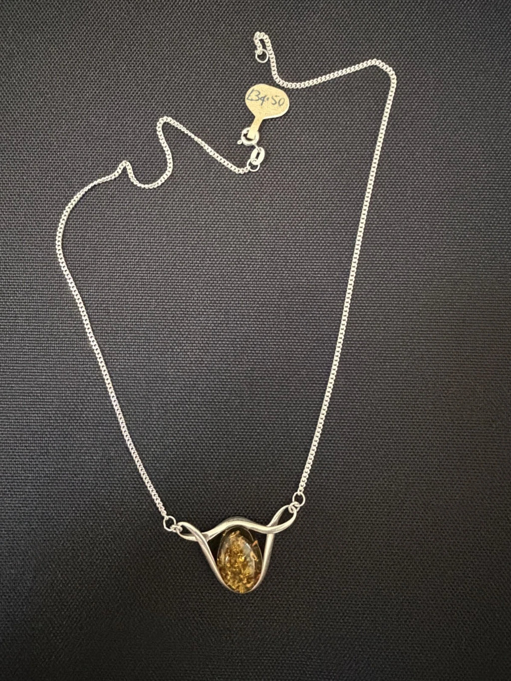 Silver Green Amber Pendant Oval Set In Centre Of Flat Curb Link Chain