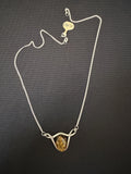 Silver Green Amber Pendant Oval Set In Centre Of Flat Curb Link Chain