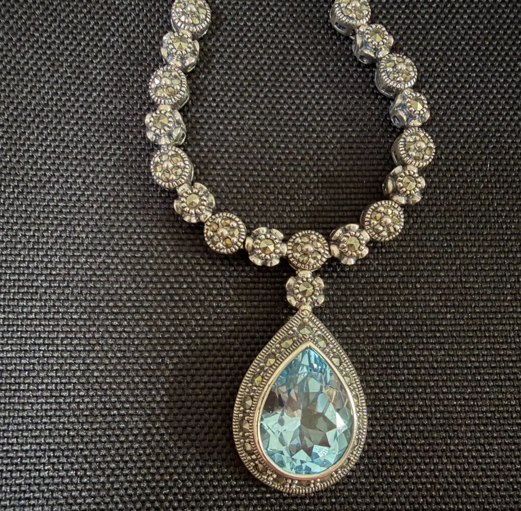 Sterling Silver Hand Set Marcasite And Blue Topaz Necklace