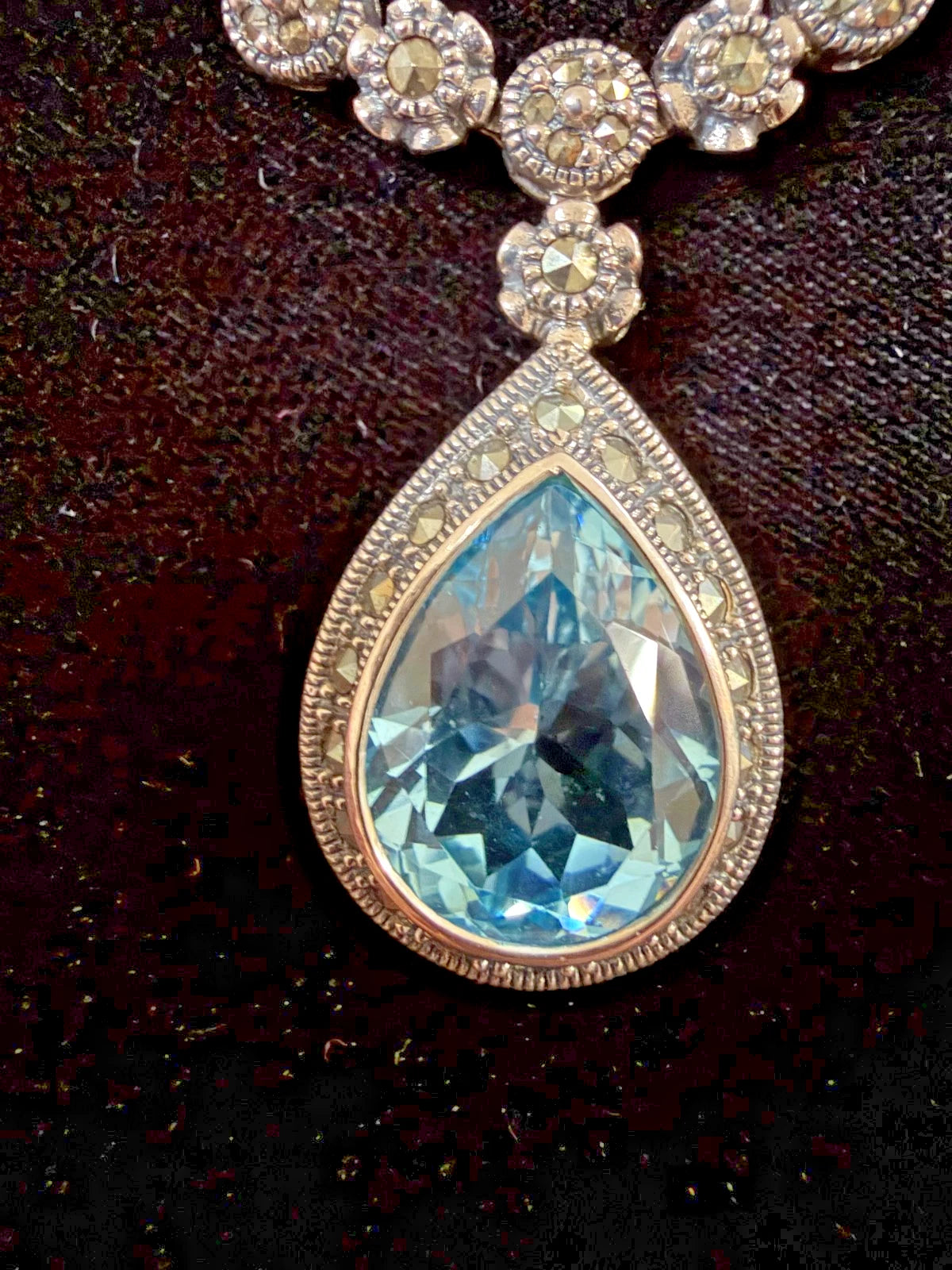Sterling Silver Hand Set Marcasite And Blue Topaz Necklace