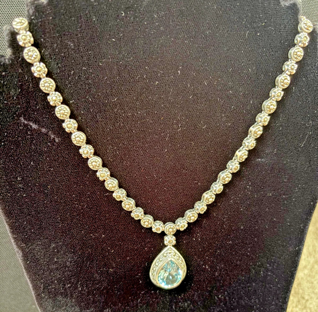 Sterling Silver Hand Set Marcasite And Blue Topaz Necklace