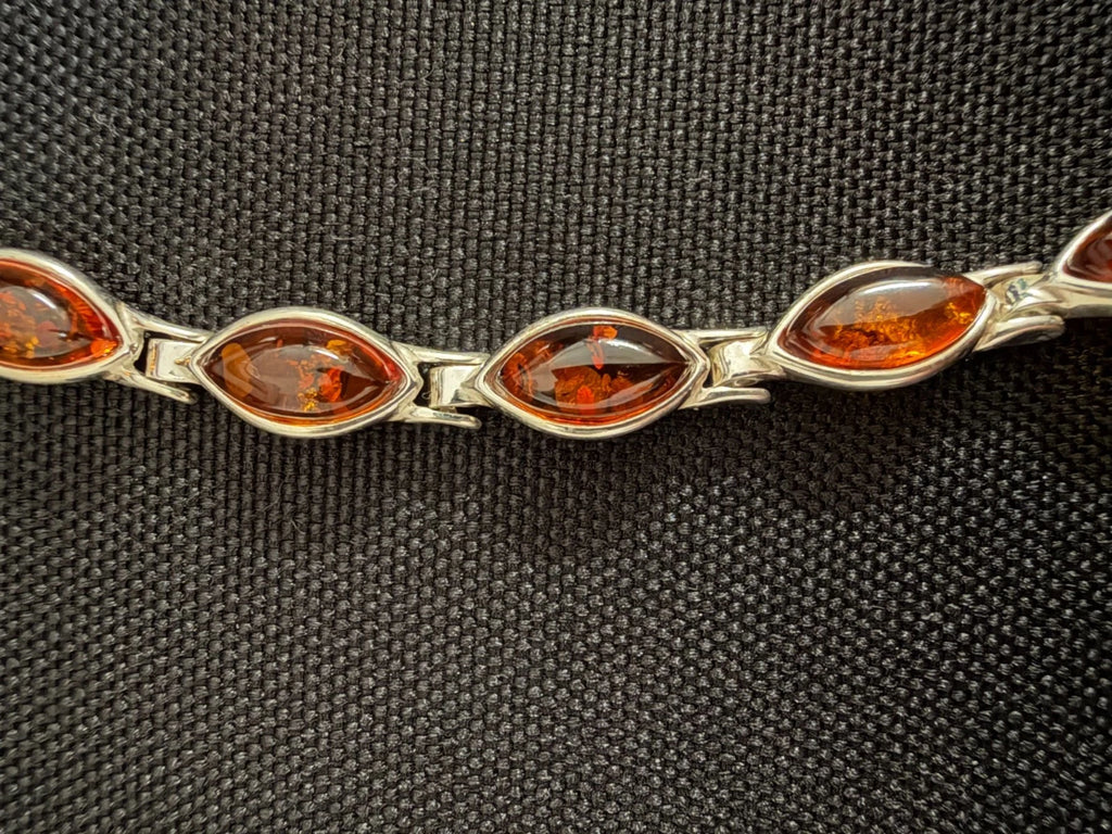 925 Silver Stamped Marquise Shape Amber 11 Stone Bracelet