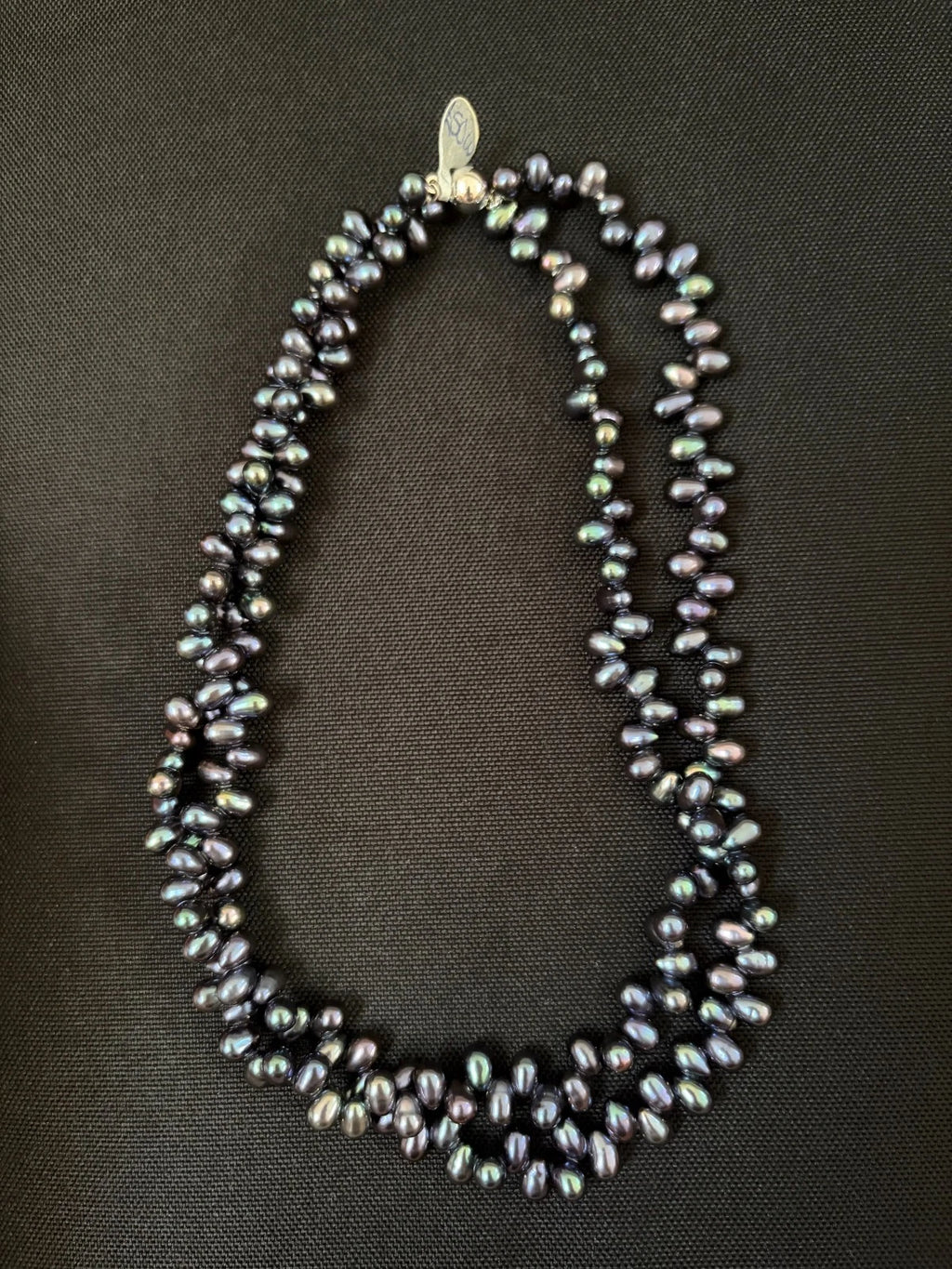 Silver Clasp 2 Row Of Twisted Oval Shape Black Freshwater Pearls