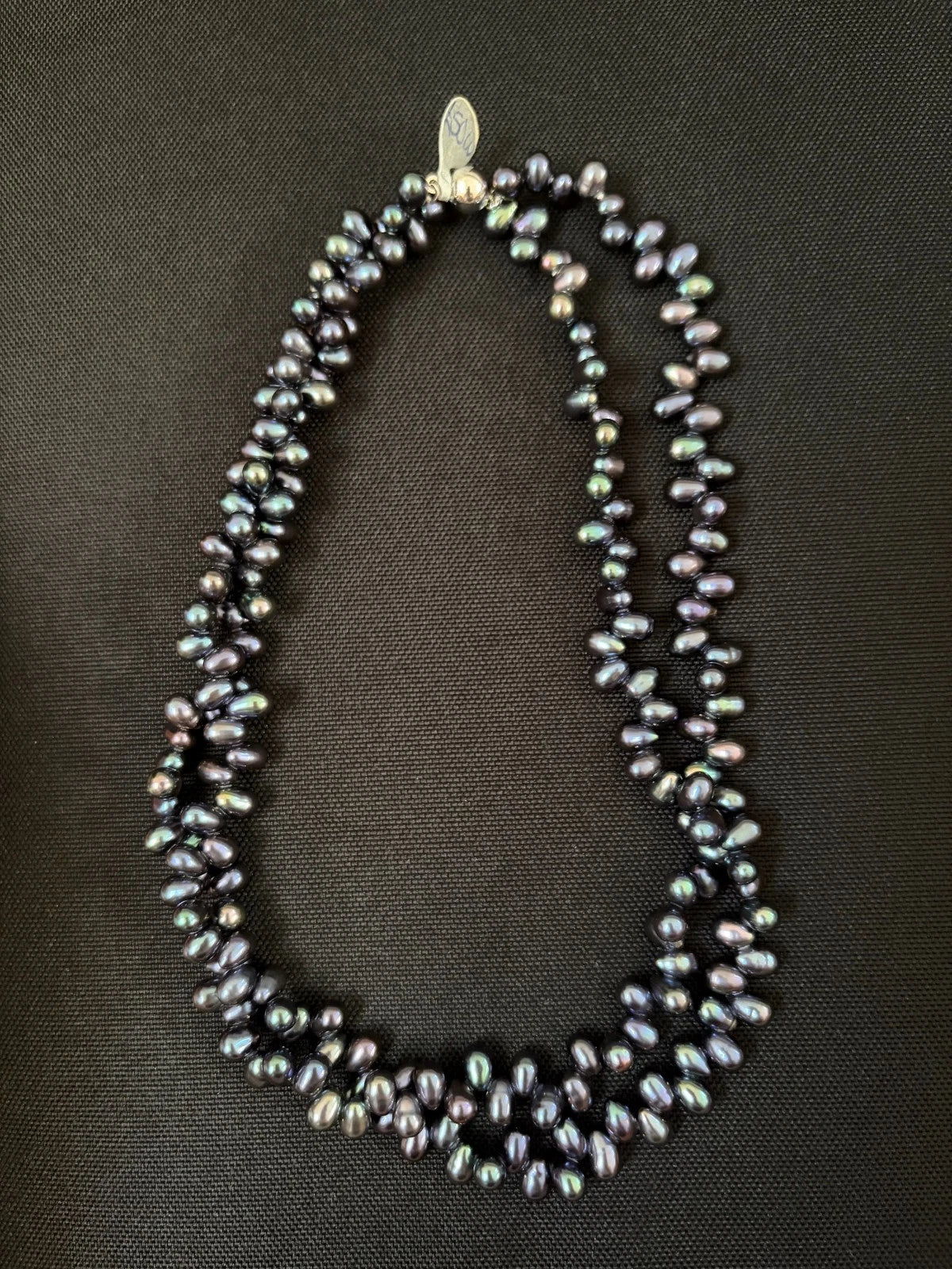 Silver Clasp 2 Row Of Twisted Oval Shape Black Freshwater Pearls