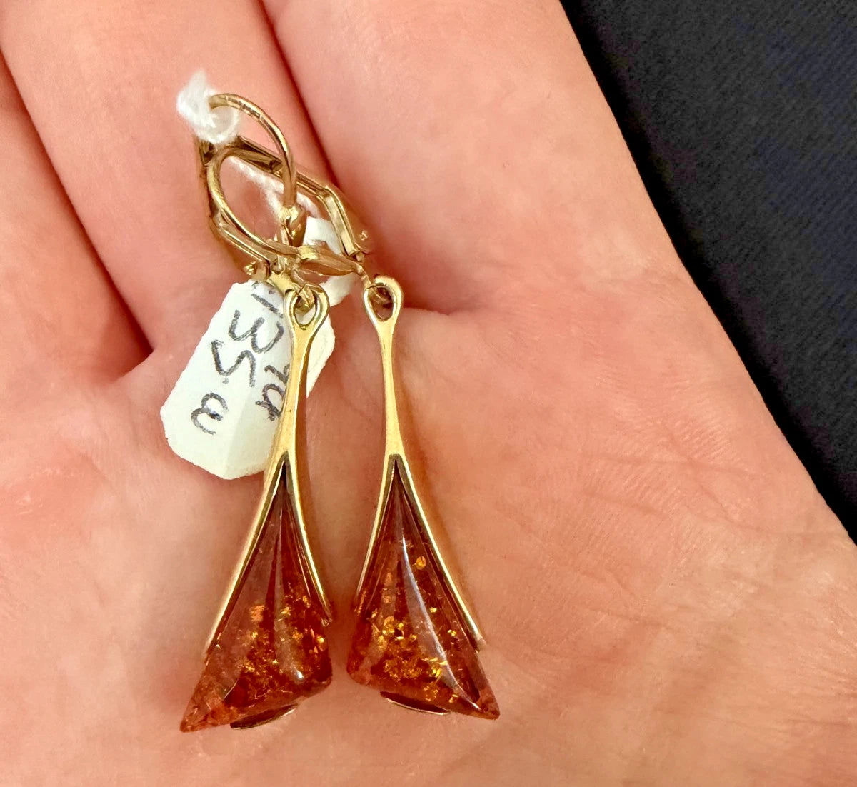 9ct Gold Hinged Drop Amber Earrings