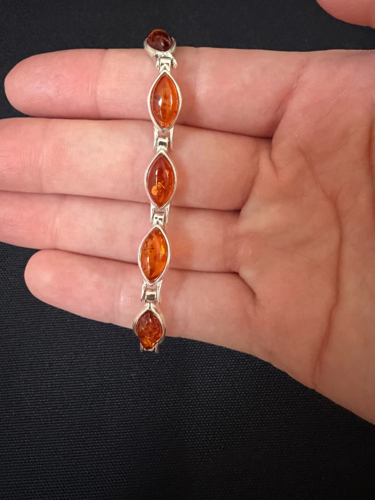 925 Silver Stamped Marquise Shape Amber 11 Stone Bracelet