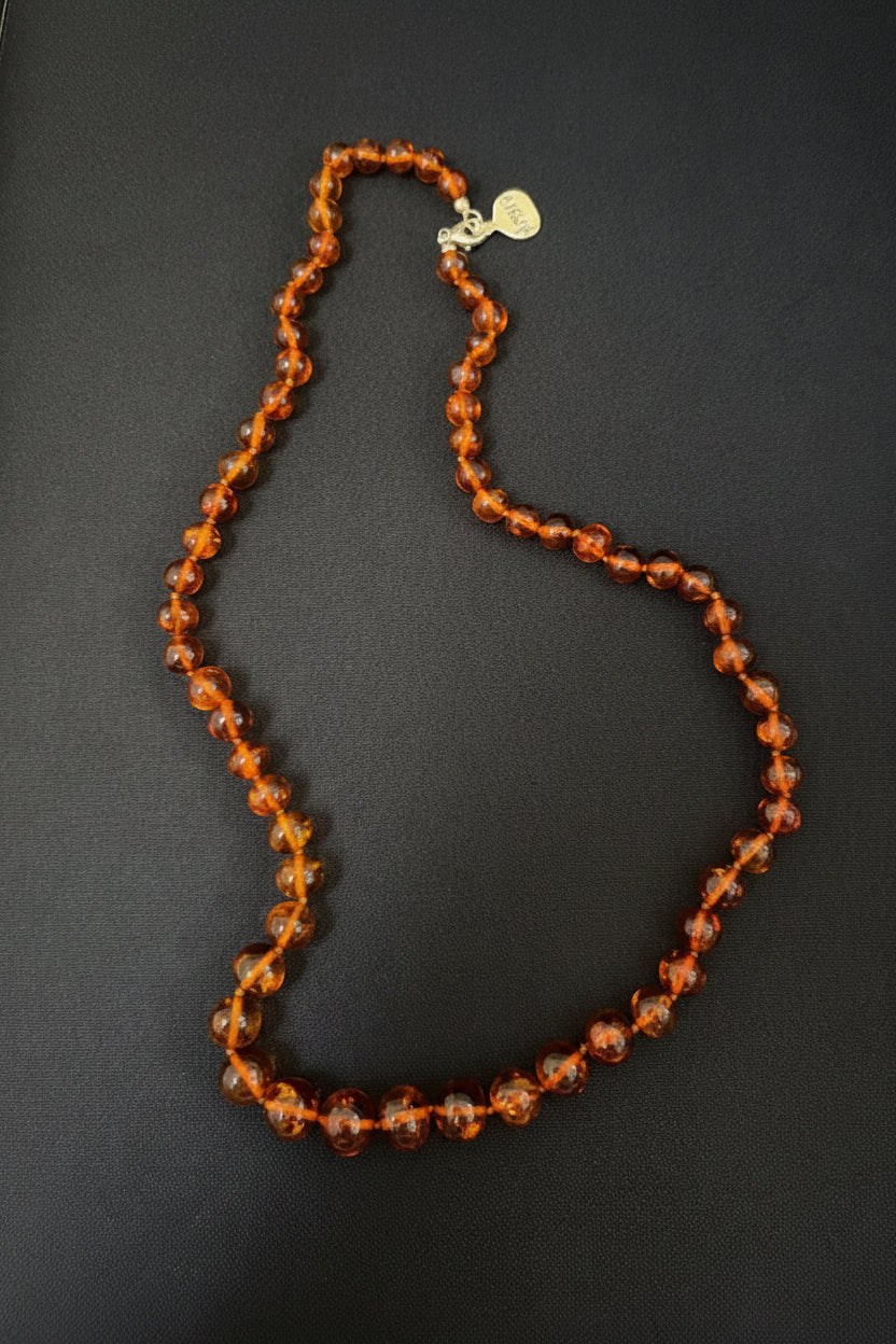 Graduated Round Amber Bead Necklace With 925 Silver Stamped Clasp