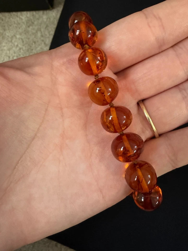 Graduated Round Amber Bead Necklace With 925 Silver Stamped Clasp