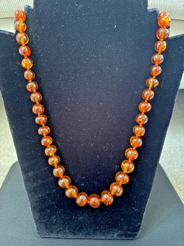 Graduated Round Amber Bead Necklace With 925 Silver Stamped Clasp