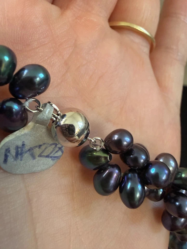 Silver Clasp 2 Row Of Twisted Oval Shape Black Freshwater Pearls