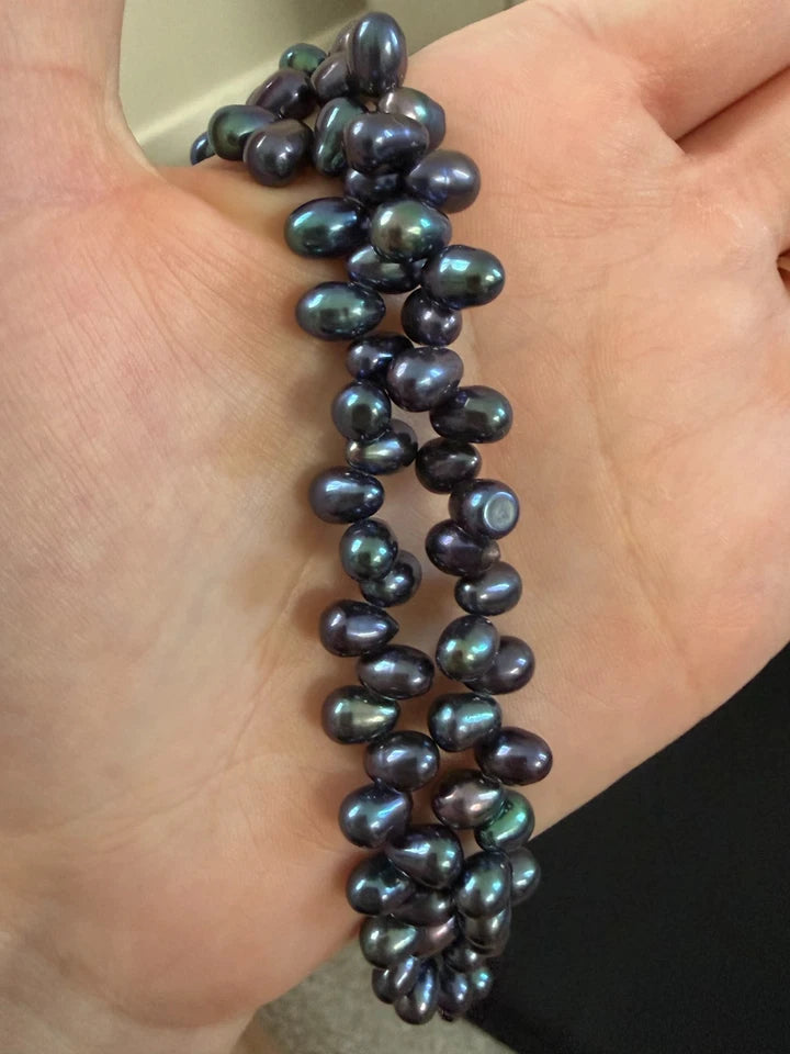 Silver Clasp 2 Row Of Twisted Oval Shape Black Freshwater Pearls