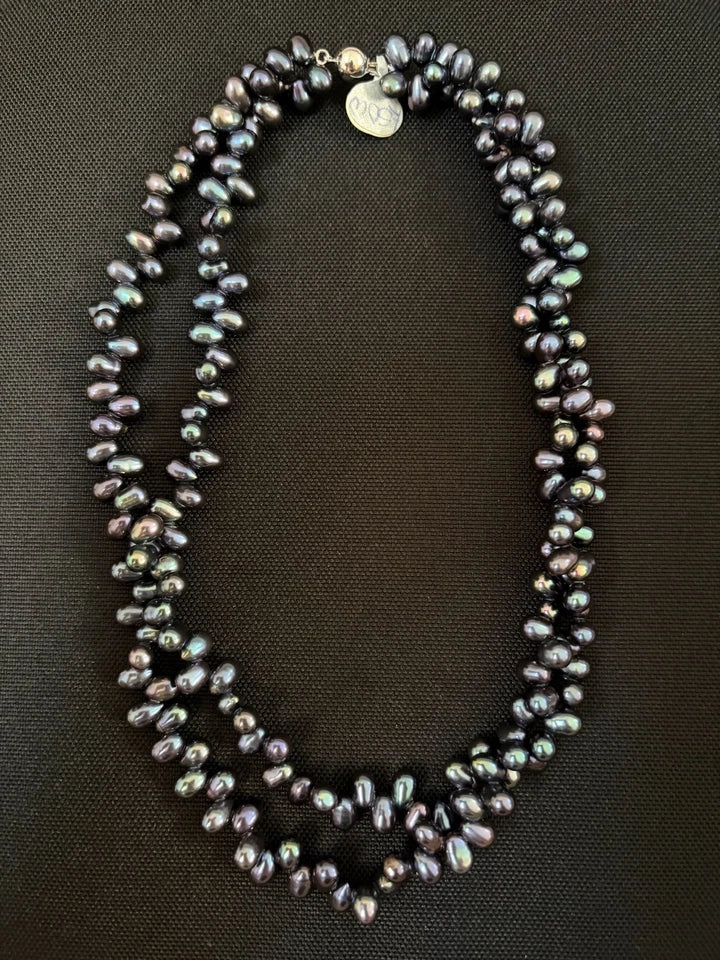 Silver Clasp 2 Row Of Twisted Oval Shape Black Freshwater Pearls